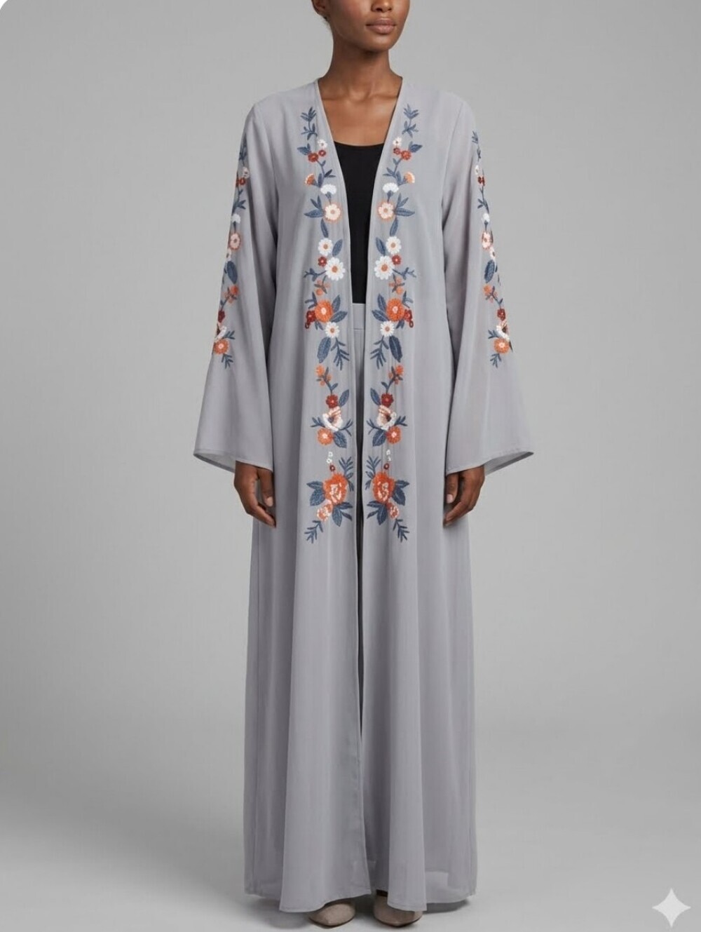 Peach Love California Gray Embroidered Floral Maxi Duster Kimono, Size L